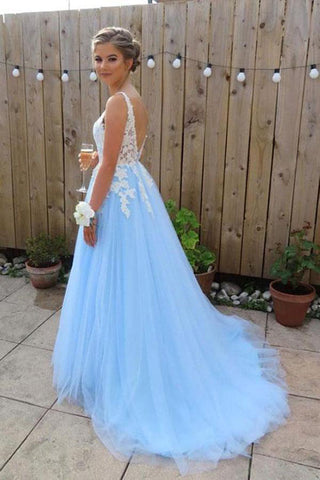 A Line V Neck White Lace Light Blue Tulle Backless Prom Dress Formal Dresses Gowns