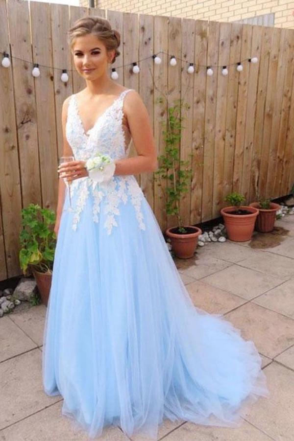A Line V Neck White Lace Light Blue Tulle Backless Prom Dress Formal Dresses Gowns
