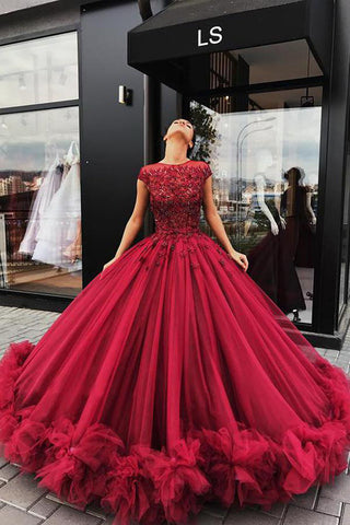 New Design Ball Gown Burgundy Lace Appliques Prom Dress Formal Quinceanera Dresses
