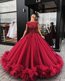 New Design Ball Gown Burgundy Lace Appliques Prom Dress Formal Quinceanera Dresses