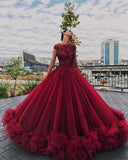 New Design Ball Gown Burgundy Lace Appliques Prom Dress Formal Quinceanera Dresses