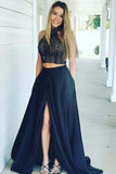 Two Piece Black Split High Neck Lace Halter Prom Dresses Formal Dress Party Gowns