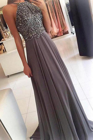 Fashion Spaghetti Straps Grey Chiffon Backless Beaded Prom Dresses Evening Formal Dress