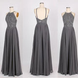 Fashion Spaghetti Straps Grey Chiffon Backless Beaded Prom Dresses Evening Formal Dress