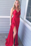 Simple Red Spaghetti Straps Backless Split V Neck Cheap Prom Dresses Formal Dress