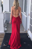 Simple Red Spaghetti Straps Backless Split V Neck Cheap Prom Dresses Formal Dress