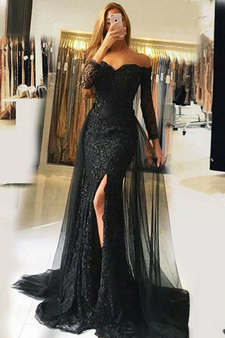 Sexy Black Lace Off the Shoulder Long Sleeves Mermaid Prom Dress Formal Dresses Gowns