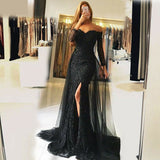 Sexy Black Lace Off the Shoulder Long Sleeves Mermaid Prom Dress Formal Dresses Gowns