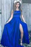 Simple Royal Blue Backless Spaghetti Straps Split Prom Dresses Formal Dress Gowns