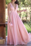 Top Selling Deep V Neck Pink Chiffon Cheap Prom Dresses Evening Formal Dress