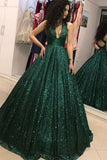Shiny Dark Green Sequin V Neck Open Back Wedding Prom Dress Formal Dresses Gowns
