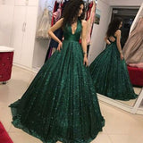 Shiny Dark Green Sequin V Neck Open Back Wedding Prom Dress Formal Dresses Gowns