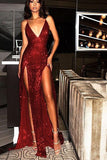 Elegant Burgundy Sequin Slit Sexy Spaghetti Straps Wedding Prom Dress Formal Dresses