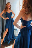 Dark Blue Lace Spaghetti Straps Front Slit Long Prom Dresses Formal Dress Gowns