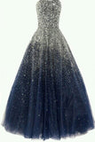 Tulle Heavy Beads Strapless Navy Blue Evening Quinceanera Dress Prom Gowns