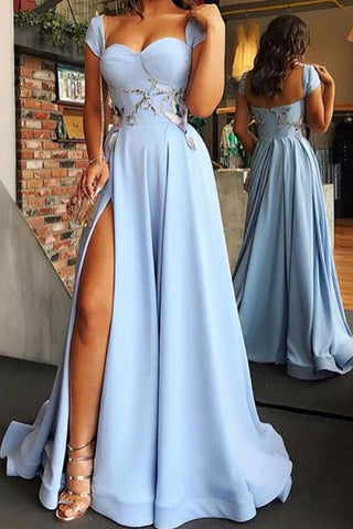 Chic Light Blue Cap Sleeves Satin Slit Long Wedding Prom Dress Formal Dresses Gowns