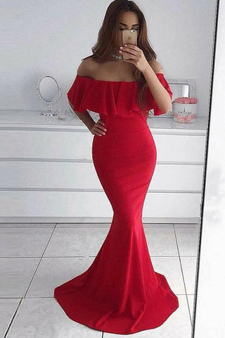 Chic Off the Shoulder Red Mermaid Sexy Long Prom Dresses Formal Dress Gowns