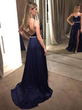 Open Back Navy Blue Spaghetti Straps Simple Slit Prom Dresses Formal Dress Gowns