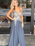 Fashion A Line Spaghetti Straps V Neck Beaded Long Wedding Prom Dresses Formal Dress