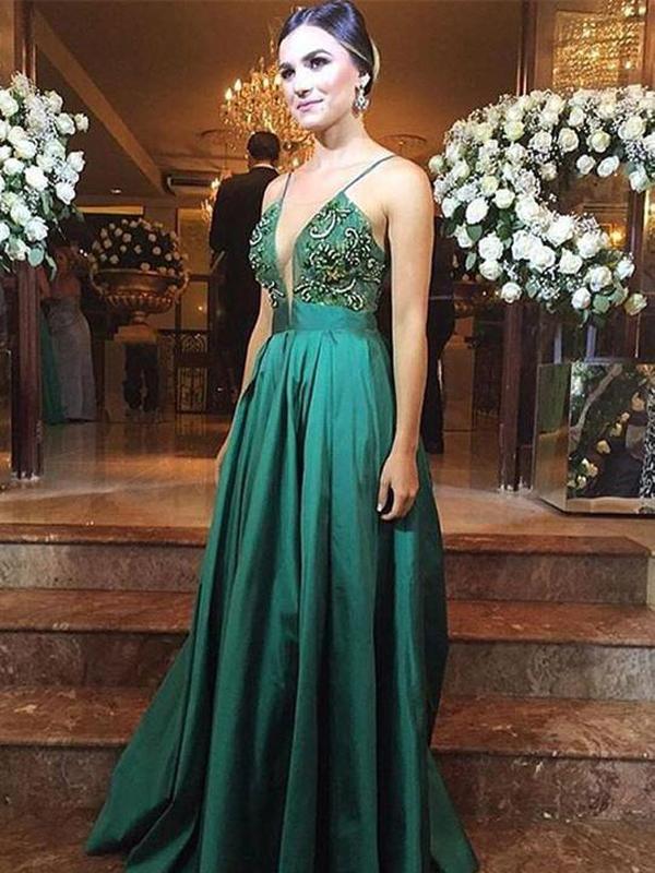 Sexy Deep V Neck Spaghetti Straps Green Beaded Prom Dresses Formal Dress Gowns