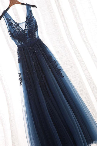 Navy Blue Lace Appliques V Neck See Through Backless Long Prom Dresses Formal Dress Gowns LD1677