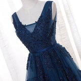 Navy Blue Lace Appliques V Neck See Through Backless Long Prom Dresses Formal Dress Gowns LD1677