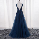 Navy Blue Lace Appliques V Neck See Through Backless Long Prom Dresses Formal Dress Gowns LD1677