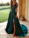 Elegant A Line Spaghetti Straps V Neck Atrovirens Long Wedding Prom Dresses Formal Dress