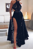 New A Line Black Lace Halter Backless Slit Long Wedding Prom Dresses Formal Dress