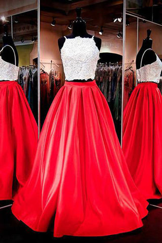 White Lace Spagehtti Straps Red Skirt 2 Piece Evening Gowns Prom Dresses