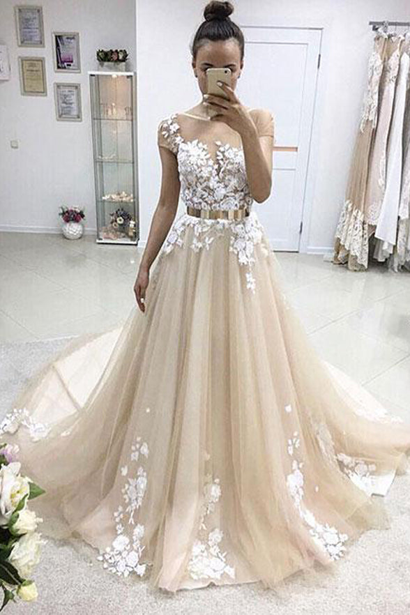 A Line Cap Sleeves Lace Appliques Wedding Prom Dress Formal Dresses Gowns
