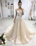 A Line Cap Sleeves Lace Appliques Wedding Prom Dress Formal Dresses Gowns