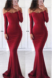 Long Sleeves Off the Shoulder Burgundy Mermaid Prom Dresses Formal Dress Gowns