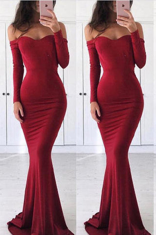 Long Sleeves Off the Shoulder Burgundy Mermaid Prom Dresses Formal Dress Gowns