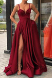 New 2019 Spaghetti Straps V Neck Slit Burgundy Satin Prom Dresses Formal Dress Gowns LD1682
