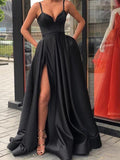 New 2019 Spaghetti Straps V Neck Slit Burgundy Satin Prom Dresses Formal Dress Gowns LD1682