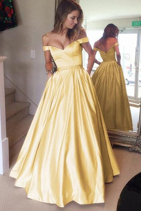 Fashion Off the Shoulder Light Yellow Satin Long Prom Dresses Formal Dress Gowns