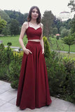 Two Piece Spaghetti Straps Burgundy Elegant Long Prom Dresses Formal Dress Gowns