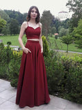 Two Piece Spaghetti Straps Burgundy Elegant Long Prom Dresses Formal Dress Gowns