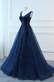 Fashion Navy Blue Lace V Neck Ball Gown Long Wedding Prom Dresses Evening Formal Dress