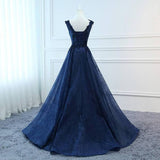 Fashion Navy Blue Lace V Neck Ball Gown Long Wedding Prom Dresses Evening Formal Dress