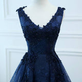 Fashion Navy Blue Lace V Neck Ball Gown Long Wedding Prom Dresses Evening Formal Dress