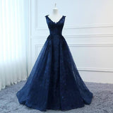 Fashion Navy Blue Lace V Neck Ball Gown Long Wedding Prom Dresses Evening Formal Dress