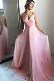 A Line V Neck Pink Spaghetti Straps Simple Long Prom Dresses Evening Formal Dress