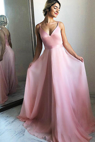 A Line V Neck Pink Spaghetti Straps Simple Long Prom Dresses Evening Formal Dress
