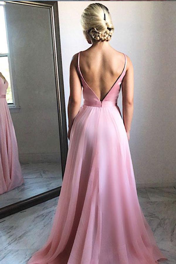A Line V Neck Pink Spaghetti Straps Simple Long Prom Dresses Evening Formal Dress