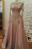 Real Picture Lace Appliques Pink Long Sleeves Wedding Prom Dresses Evening Formal Dress