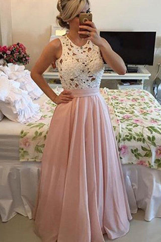 High Neck Ivory Lace Pink Sleeveless Evening Party Dress Prom Dresses