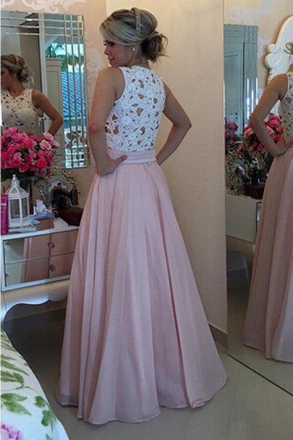 High Neck Ivory Lace Pink Sleeveless Evening Party Dress Prom Dresses