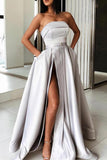 Elegant Strapless Slit Prom Dress Formal Dresses With Pocket